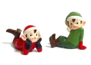 Retro Vintage Style Christmas Elf Figurines-Red and Green-Set of Two