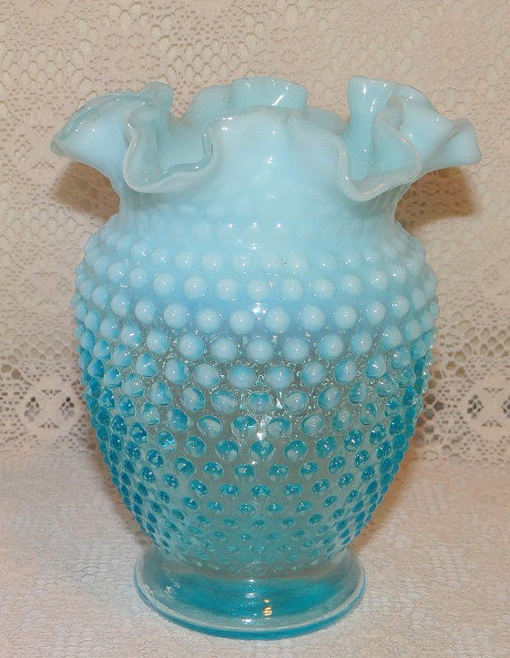 Vintage Blue Opalescent Hobnail 6" Vase Unsigned Fenton