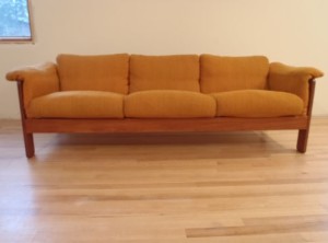 Mid Century Modern Danish Teak Low Profile Scandinavian 3 Seat Orange Sofa